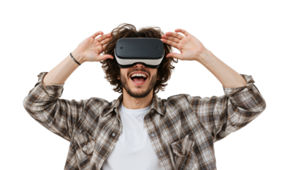 Excited man experiences virtual reality with headset against a transparent background, illustrating future technology, gaming innovation, and immersive digital experiences