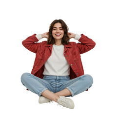 Young woman with hands behind head sitting cross-legged offers a warm inviting smile wearing casual clothing against a transparent background.