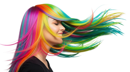 Young woman with vibrant rainbow colored hair blowing in the wind