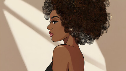 Beautiful woman with natural curls illuminated by soft light in a serene indoor setting, embodying confidence and grace