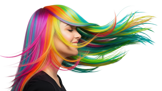 Young woman with vibrant rainbow colored hair blowing in the wind