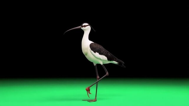 A pied avocet standing on a green surface with a black background in a studio setting green screen bird video