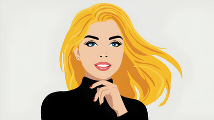 Digital representation of a woman with blonde hair and blue eyes smiling, showcasing modern fashion and style