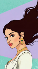 Elegant woman adorned in traditional jewelry showcases cultural beauty against a colorful backdrop emphasizing modern femininity and grace