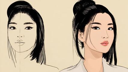Capturing the evolution of a portrait from sketch to vibrant illustration during an art session in a creative studio
