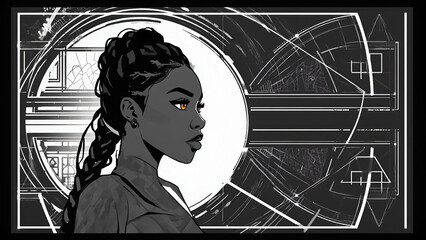 Portrait of a woman with striking features illuminated against a geometric backdrop