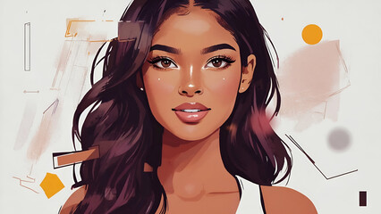 Symbolic representation of beauty and self-expression through a stylized portrait of a young woman, blending artistic elements with contemporary design in a lively color palette