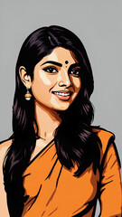 Portrait of a woman in traditional attire showcasing beauty and cultural heritage with a warm smile against a simple backdrop
