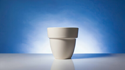 White ceramic pot stands against a bright blue background, symbolizing growth and potential in a minimalist setting