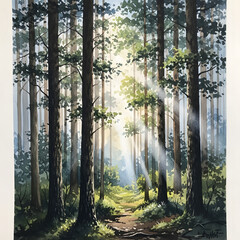 Obraz premium Sunlight streams through tall trees in a forest, illuminating a path.
