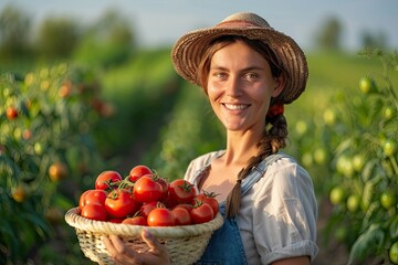 High Detail Picture of Female Farmer Holding Some Tomatoes