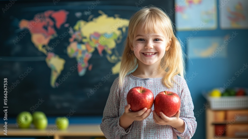 Poster Happy elementary school student holding two red apples, smiling in a classroom with a world map on the blackboard, ready for learning and healthy snacking