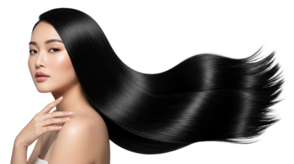 Beautiful Asian woman with long black silky hair flowing to the side