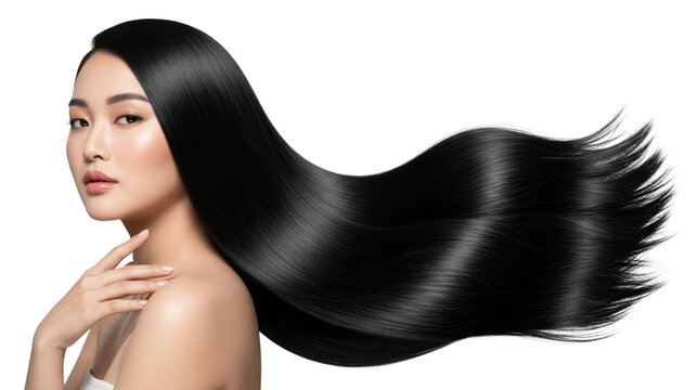 Beautiful Asian woman with long black silky hair flowing to the side