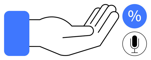 Open palm with a blue sleeve alongside percentage and microphone icons. Ideal for finance, communication, support, customer service, accessibility, technology, and simple landing page
