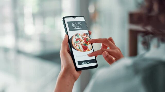 Person, hands or browsing menu with phone for order, delivery or takeaway dinner at online restaurant. Closeup, user or customer scrolling website or app on mobile smartphone screen for food options