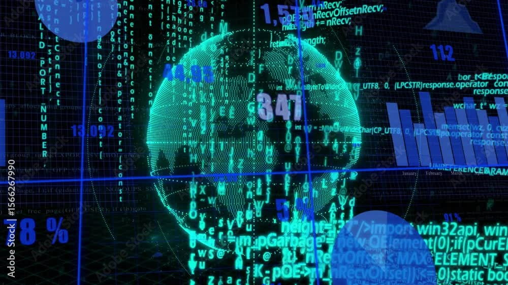 Poster emerging from code stream, digital globe rotating while charts updating to visualize global data