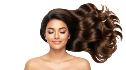 Smiling woman with long wavy brown hair fanned to the side