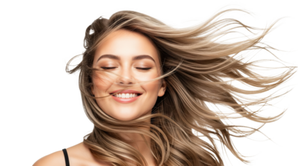 Happy woman with long blonde hair blowing in the wind, eyes closed