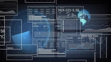 Radar display fading in on grid, data panels populating codes and rotating globe visualizing data