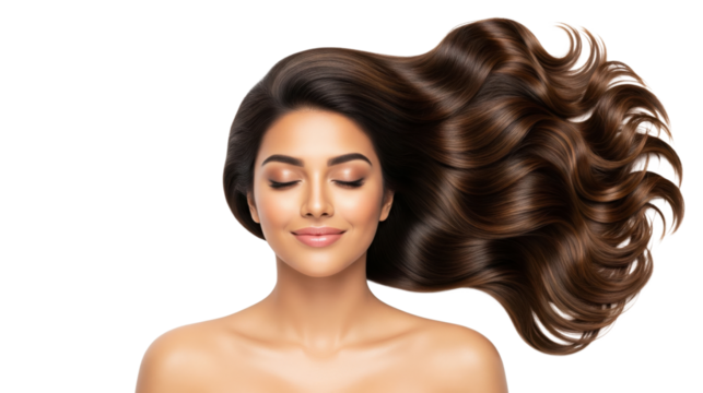 Smiling woman with long wavy brown hair fanned to the side