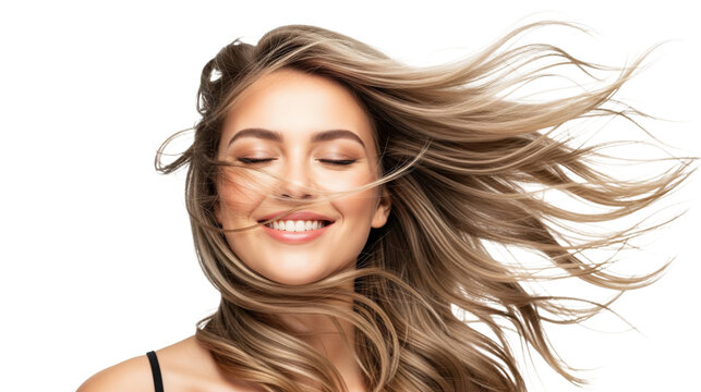 Happy woman with long blonde hair blowing in the wind, eyes closed