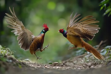 Obraz premium Male and female common pheasants engage in a courtship display in a lush forest setting, Common pheasant Phasianus colchicus female and male in the wild Slow motion