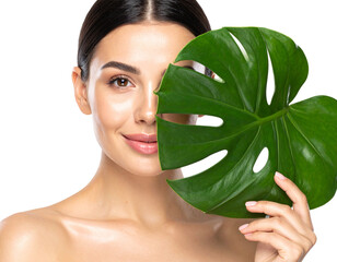 Fresh-Faced Woman with Dewy Skin and Green Leaf Accent, isolated on transparent background.