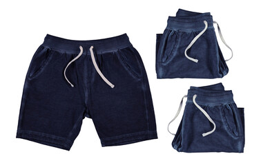 Folded blue shorts with white laces. Isolated image on a white background. Nobody.