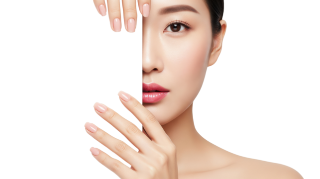 Beautiful Asian woman with flawless skin holding a blank card over her face - Powered by Adobe