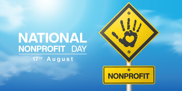 August 17 is National Nonprofit Day. Hand, heart, cloud and sun. Suitable for posters, banners and social media. Blue sky background.