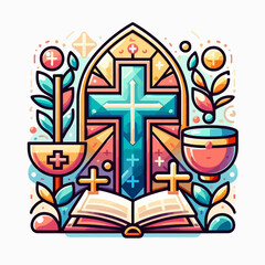 Vibrant graphic design depicts religious symbols, including a cross, chalice, and open book, arranged harmoniously against a white background.  A stylized floral design complements the elements.