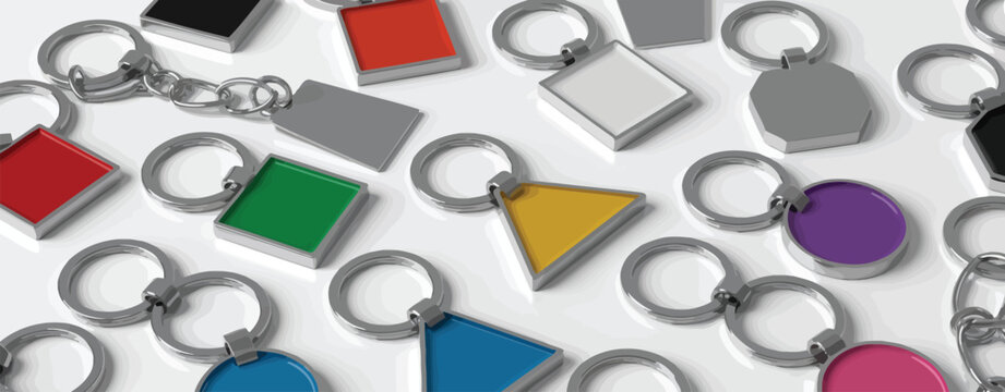 Collection of colorful blank keychains with metal rings and chains on white background - Powered by Adobe