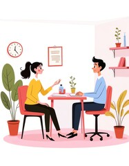 Flat style JPG illustration of a woman consulting a lawyer in a modern office
