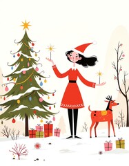 Flat style JPG illustration of a Christmas scene with a woman in a Santa outfit, decorated tree and gifts
