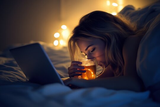 Relaxed woman enjoys tea while texting on laptop in cozy bedroom at night, Relaxed woman texting on laptop and drinking tea lying on bed at home in the evening