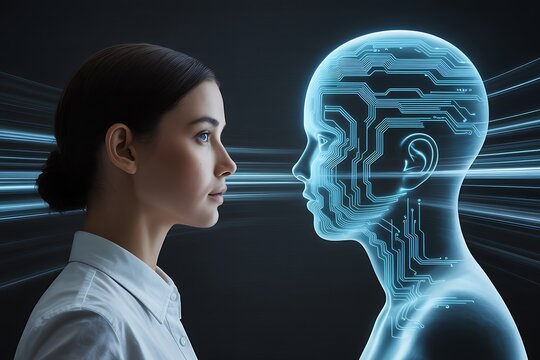 Woman facing a glowing blue ai head with circuit board patterns and light streaks