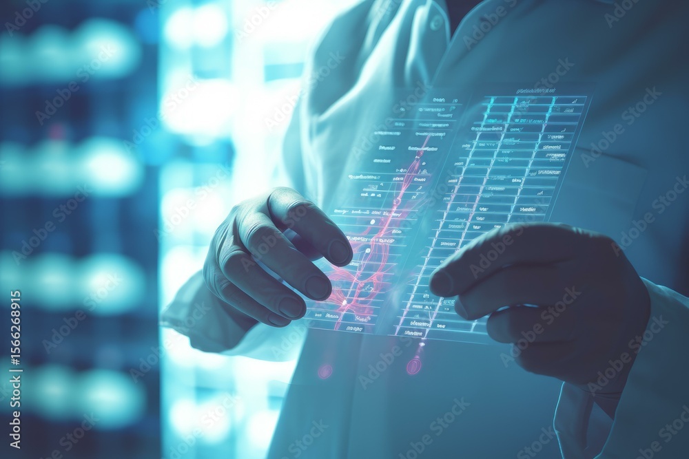Poster scientist wearing gloves interacting with futuristic transparent display showing data analysis in la