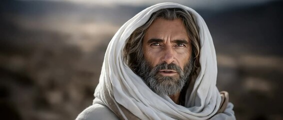 Messianic Figure in Desert Landscape: A contemplative portrait of a man resembling a messianic figure, his face etched with wisdom and compassion, against a stark desert backdrop. His gaze is intense.