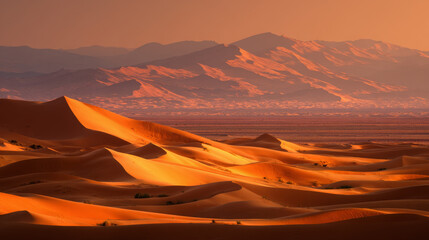 Sunrise over the dramatic sand dunes of the Sahara Desert near Merzouga, Morocco--featuring warm orange hues