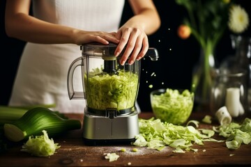 Chef grating fresh vegetables in a food processor, creating a healthy ingredient for a delicious culinary creation