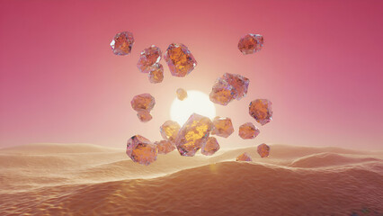 Crystalline formations shine against the horizon at sunset in a surreal desert landscape