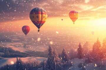 Obraz premium Hot air balloons race across a snowy landscape under a vibrant winter sunset, Hot air balloons racing across the winter sky, with snow falling as the sun sets on the horizon