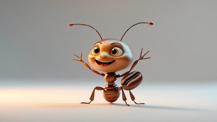 A delightful animated ant stands smiling, radiating happiness and enthusiasm, ready to add a touch of whimsy and joy to any project.