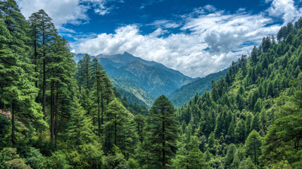 Obraz premium Verdant Himalayan pine forest under a partly cloudy blue sky, showcasing a pristine mountain ecosystem