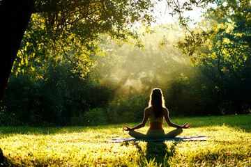 Serene AI Generated Yoga Image: Woman Meditating in Sunlit Forest, Peaceful Nature Scene, Mindfulness, Spiritual Wellness, Digital Art