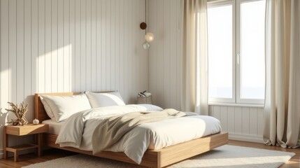 Uncluttered Beach House Interior Emphasizing Relaxed Living A Peaceful Bedroom Oasis with Natural Wood and Light Hues
