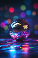 Disco ball reflecting colorful lights in nightclub - vertical photo