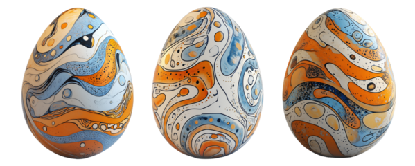 Decorative Easter egg with shimmering pastel stripes in gold, blue, and purple isolated on white transparent background. Symbol of Easter and celebration