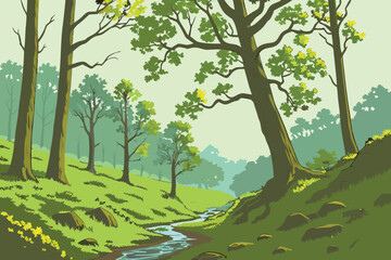 Fototapeta premium Lush green forest with winding stream and trees nature
